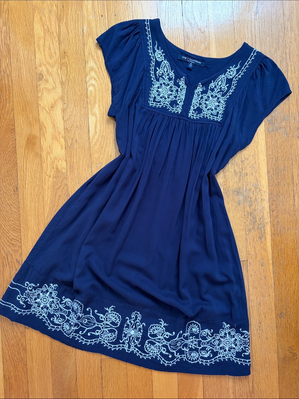 Navy Blue & White Coastal Boho Flowy Rayon Minidress Embroidered Dress Coverup